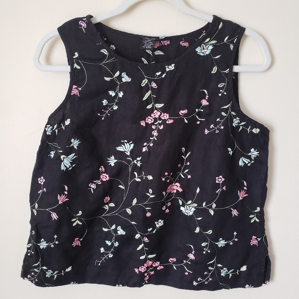 Sandra 100% Linen Tank Top Embroidered Floral Black Colorful Pastel
